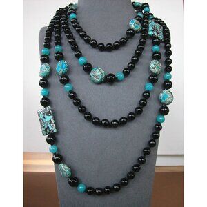 Handcrafted 84"-Strand Necklace, Black Onyx, Turquoise & Mosaic Beads